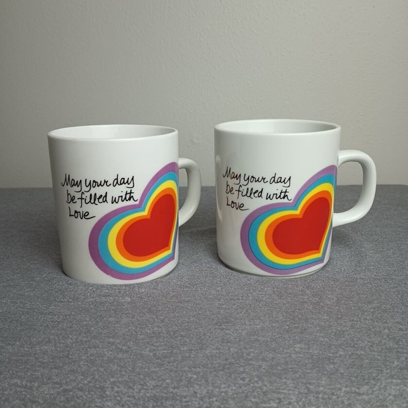 VTG Rainbow "The Love Mug" Set Avon 1983 & 1984 Easter Heart Rainbow Mugs, Set - Picture 1 of 5